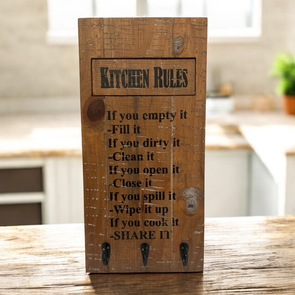 Rustic Wooden Kitchen Rules Sign with Hooks